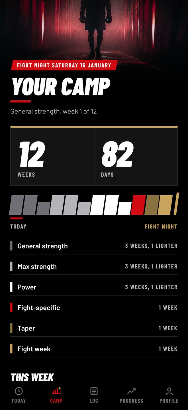 Camp screen showing the blocks from general strength to fight week