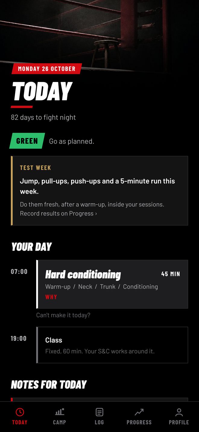Today screen: a hard conditioning session at 7:00 before an evening class